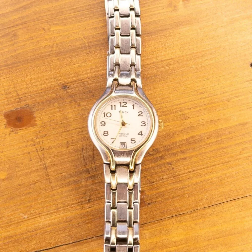 Timex Ladies Two-Tone Dress Watch Indiglo Backlight Date Silver Gold Tone 2004